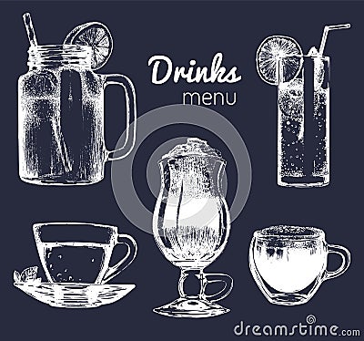 Soft drinks and glasses for bar,restaurant,cafe menu. Hand drawn beverages vector illustrations set,lemonade,coffee,tea. Vector Illustration