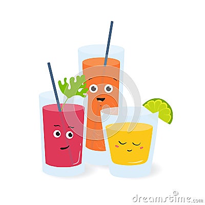 Soft drinks in glasses with cute funny faces. Fruit and vegetable juices, refreshing cocktails, healthy beverages Vector Illustration