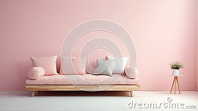 Soft And Feminine Futon Against Pale Pink Wall Stock Photo