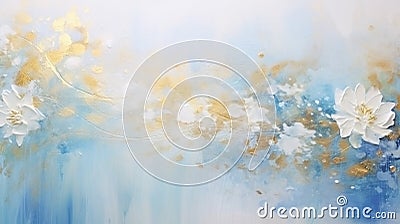 Soft focus floral painting horizontal background. Pale Blue and Ivory colors with gold glitter. Marble texture Stock Photo