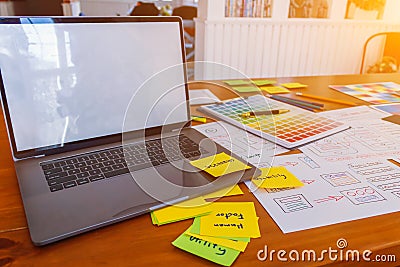 Soft Focus,A team of UI / UX web designers are working together to develop a mobile applications website with UI UX Front End Editorial Stock Photo
