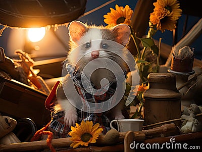 Ferret sailor on boat evening light Stock Photo