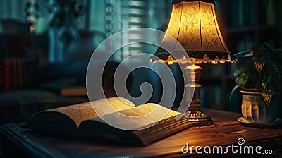 The soft glow of a lamp illuminating a book titled Quantum Mechanics The Key to Understanding the Subatomic World Stock Photo