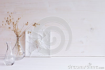 Soft home decor. Seashells and glass vase with spikelets on white wood background. Stock Photo