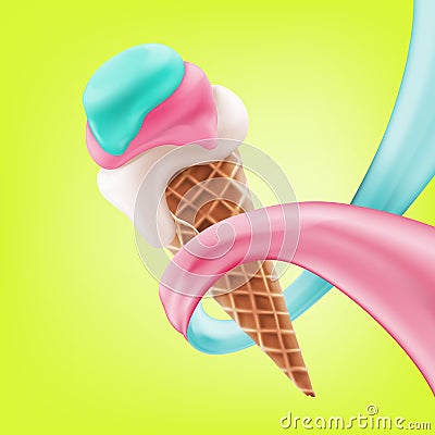 Soft Ice cream wafer cone in cream swirl. 3d vector realistic icon Vector Illustration