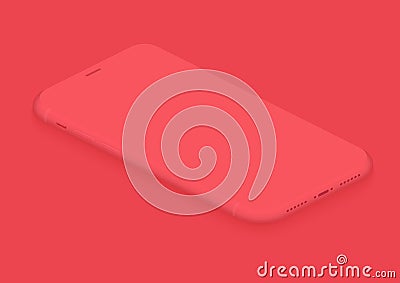 Soft isometric red vector smartphone. 3d realistic empty screen phone template for inserting any UI interface Vector Illustration
