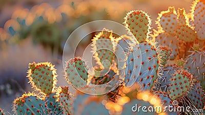 The soft light of dawn illuminates a cactus garden in the desert creating a tranquil and otherworldly atmosphere. 2d Stock Photo