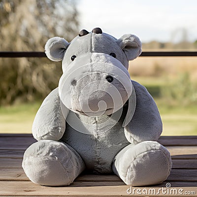 Soft Light Gray Stuffed Hippo On Wooden Bench Stock Photo