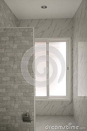 Soft light in new restroom decoration with modern ceramic. frosted glass window in toilet Stock Photo