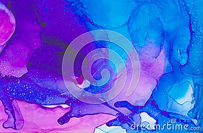 Soft modern ethereal light blue, pink and purple alcohol ink abstract background. Liquid watercolor paint splash texture effect Cartoon Illustration