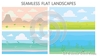 Soft nature landscapes. Desert with mountains, green summer field, coast, plants, underwater view with seaweed. Vector Vector Illustration