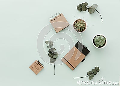 Soft Neutral Styled Desk Scenes With Cactus, craft eco notebooks Stock Photo