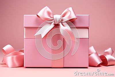 Soft pastel: Blank pink gift box with ribbon on isolated pink backdrop. Stock Photo