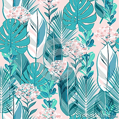 Soft pastel botanical jungle leaves pattern, tropical seamless, Stock Photo