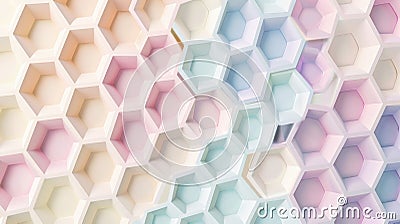 Soft pastel colors and interlocking hexagons form an intricate 3D geometric pattern, seamless background. 3D geometric Stock Photo