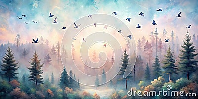 soft pastel watercolor a flock of birds flying above the trees in a forest wallpaper Creative AI Stock Photo