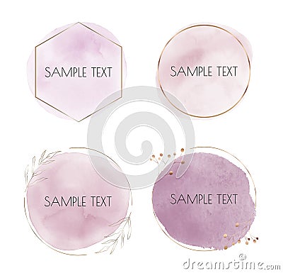 Soft pastels pink brush stroke watercolor texture with gold polygonal frames. Geometric shape with round hand drawing watercolor w Vector Illustration
