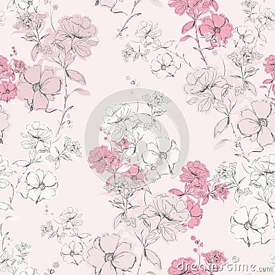 Soft pink delicate blooming hand drawn pencil line skecth seamless pattern vector design for fashion,fabric,web,card,wallpaper and Stock Photo