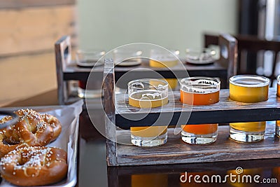 Pretzels and beer flights - bar food Stock Photo