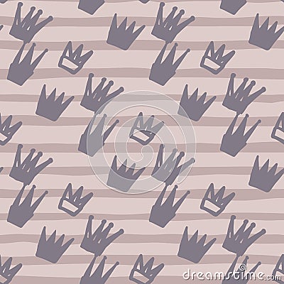 Soft purple crown silhouettes seamless pattern. Stripped background. Simple hand drawn backdrop Cartoon Illustration
