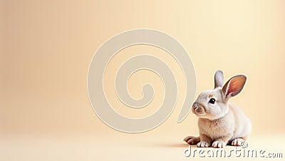 A soft rabbit is gazing curiously to the side on a beige background, creating a charming and inviting atmosphere. The Stock Photo