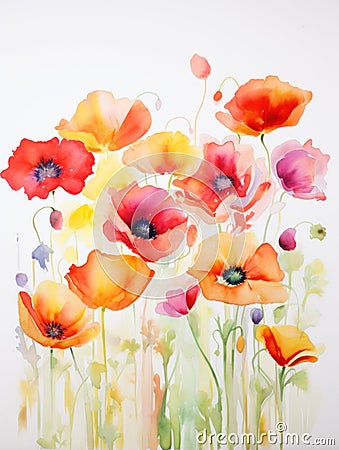 Soft and Radiant Poppy Field: Vibrant Watercolor Petals AI Generated Cartoon Illustration