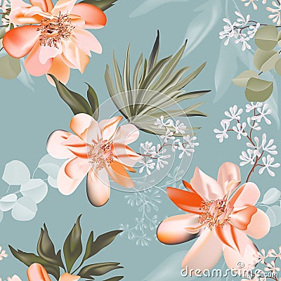 Soft realistic vector rose plant with palm leaves seamless pattern on blue background. Pastel spring tropical forest blossom with Vector Illustration