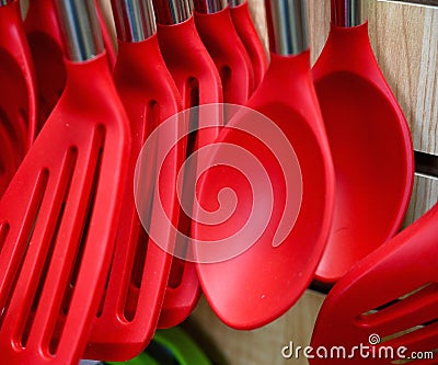 Soft Red Spatulas and Spoons Stock Photo