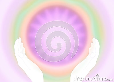 Soft retro purple, green, orange healing aura, energy field with 2 hands - grainy, high background Stock Photo