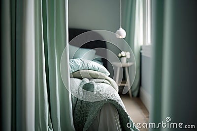 Soft and serene bedroom featuring mint green curtains. Generative AI Stock Photo