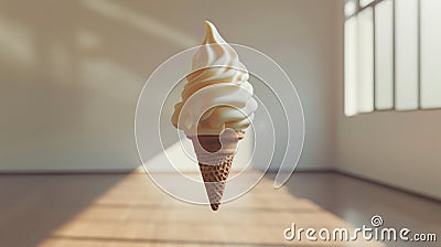 Soft serve ice cream cone hovering in an empty sunlit room Stock Photo