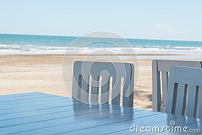 Soft shot of blue chairs and table Stock Photo