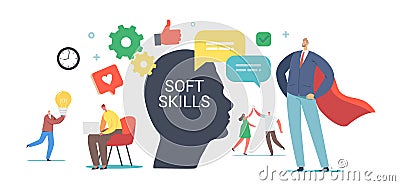 Soft Skills in Business Concept. Tiny Male Female Characters at Huge Human Head. Office Workers Empathy, Communication Vector Illustration
