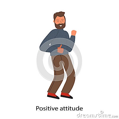 Soft skills concept with dancing businessman and text Positive attitude Cartoon Illustration