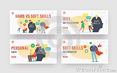 Soft Skills Landing Page Template Set. Tiny Characters at Huge Human Head. Office Workers Empathy, Communication Vector Illustration