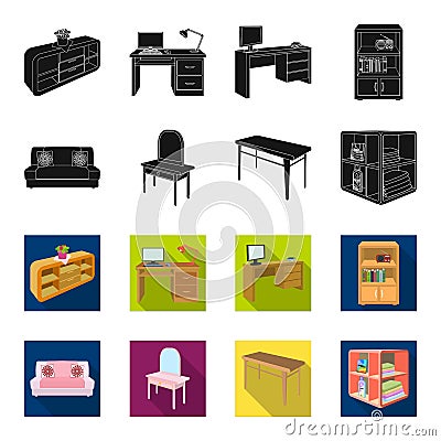 Soft sofa, toilet make-up table, dining table, shelving for laundry and detergent. Furniture and interior set collection Vector Illustration