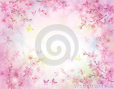 Soft spring pink delicate background with blooming cherry sakura. Watercolor painting. Fragrance Stock Photo