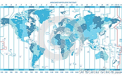 Soft tints of blue worldwide map of local time zones Vector Illustration