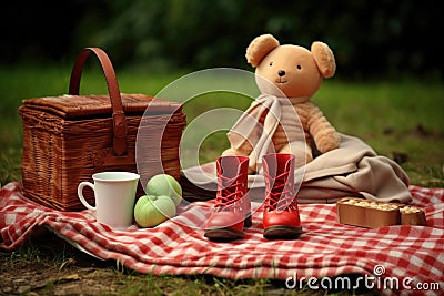 a soft toy and a pair of boots arranged for a picnic setting Stock Photo