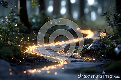 Soft trails of golden light flow gently through the forest, illuminating the tranquil paths and surrounding trees Stock Photo