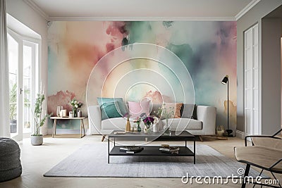 Soft velvets energetic colors and unique textures create a Bohemian atmosphere in this stylish room.. AI generation Stock Photo