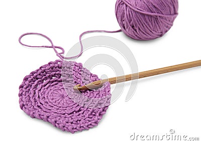 Soft violet woolen yarn, knitting and crochet hook on white background, closeup Stock Photo