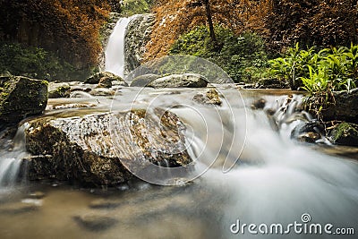 soft water of the stream in the natural park, Beautiful waterfall in rain forest Stock Photo