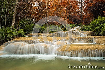 soft water of the stream in the natural park, Beautiful waterfall in rain forest Stock Photo