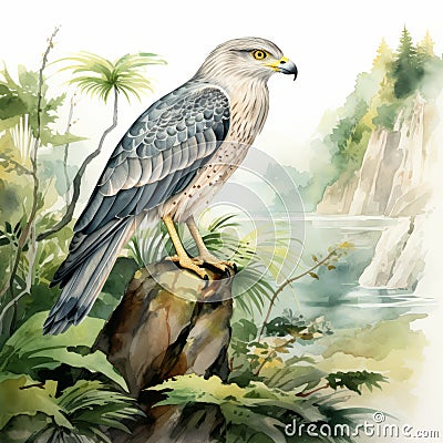 Soft Watercolor Illustration Of Heron Levant Sparrowhawk In Nature Cartoon Illustration