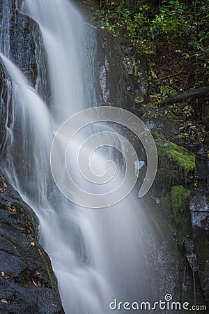 Soft waterfall surrounded by bight green moss Stock Photo