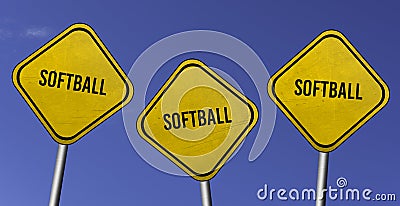 Softball - three yellow signs with blue sky background Stock Photo