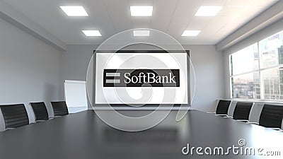 SoftBank logo on the screen in a meeting room. Editorial 3D rendering Editorial Stock Photo