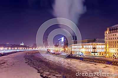 Soften edge view of frozen Moscow river near five star hotel in Christmas Stock Photo