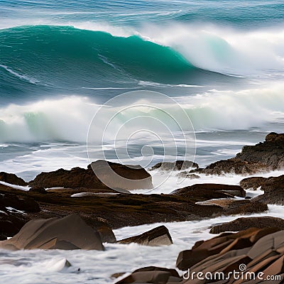 A softly blurred image of waves crashing on a shoreline, capturing the energy and fluidity in an abstract way1, Generative AI Stock Photo